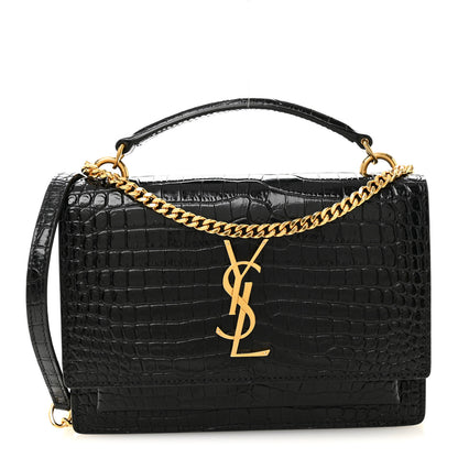 Saint Laurent Calfskin Crocodile Embossed Monogram Sunset Top Handle Chain Wallet Black 1 of 16