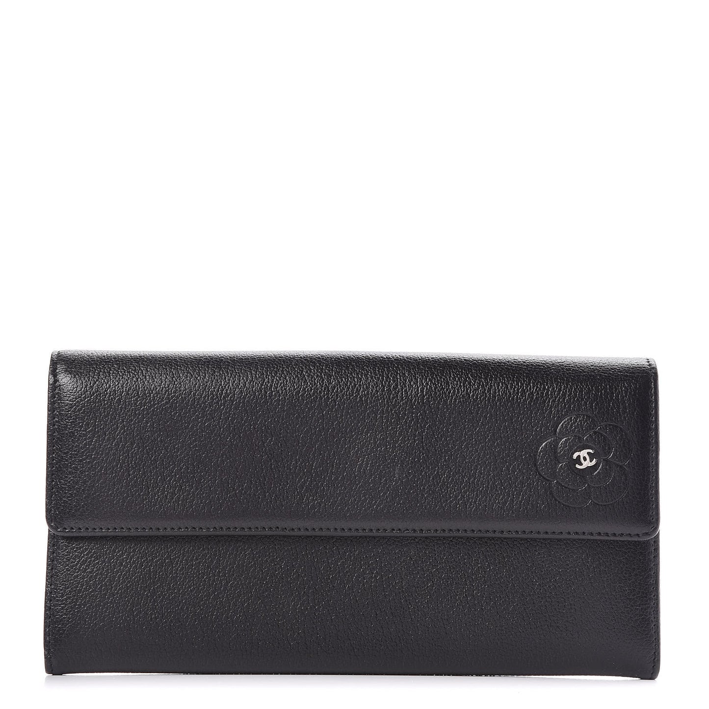 Goatskin Camellia Embossed Flap Wallet Black