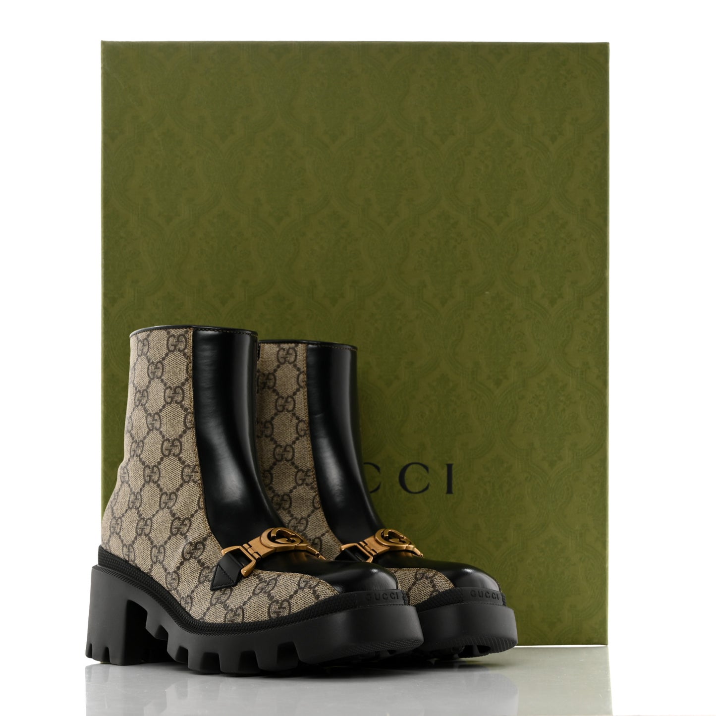 GG Supreme Monogram Magnum Calfskin Interlocking G Womens Lug Sole Ankle Boots 35.5 Beige Ebony Black