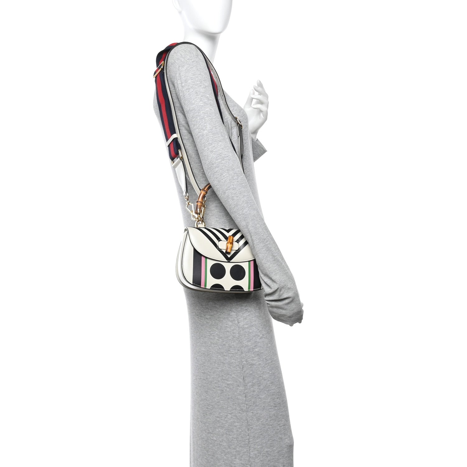 Gucci Calfskin Web Geometric Print Small Bamboo 1947 Top Handle Bag White Multicolor 2 of 13