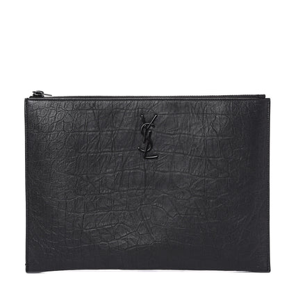 Saint Laurent Calfskin Crocodile Embossed Monogram iPad Case Black 1 of 9