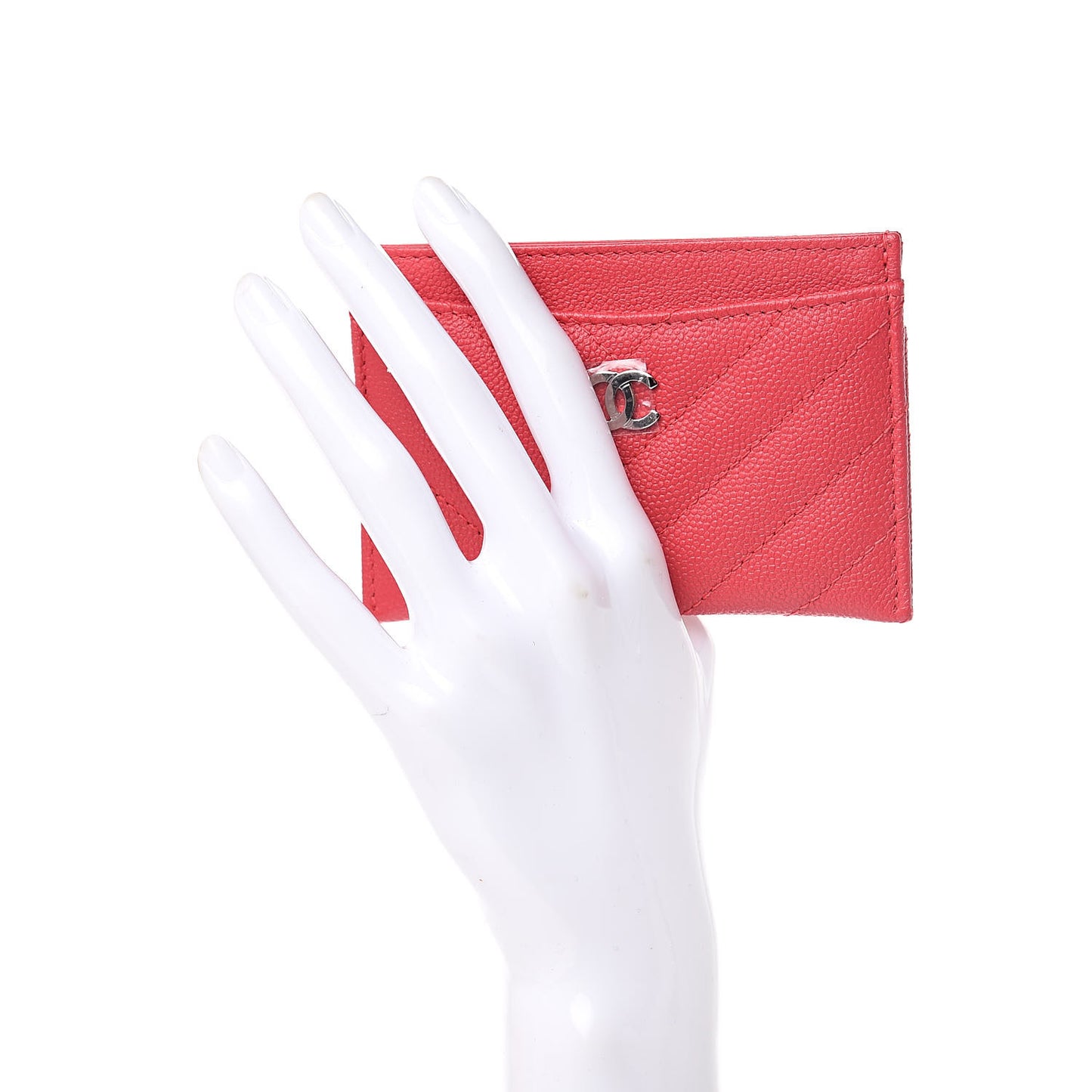 Caviar Chevron Quilted Card Holder Wallet Dark Pink