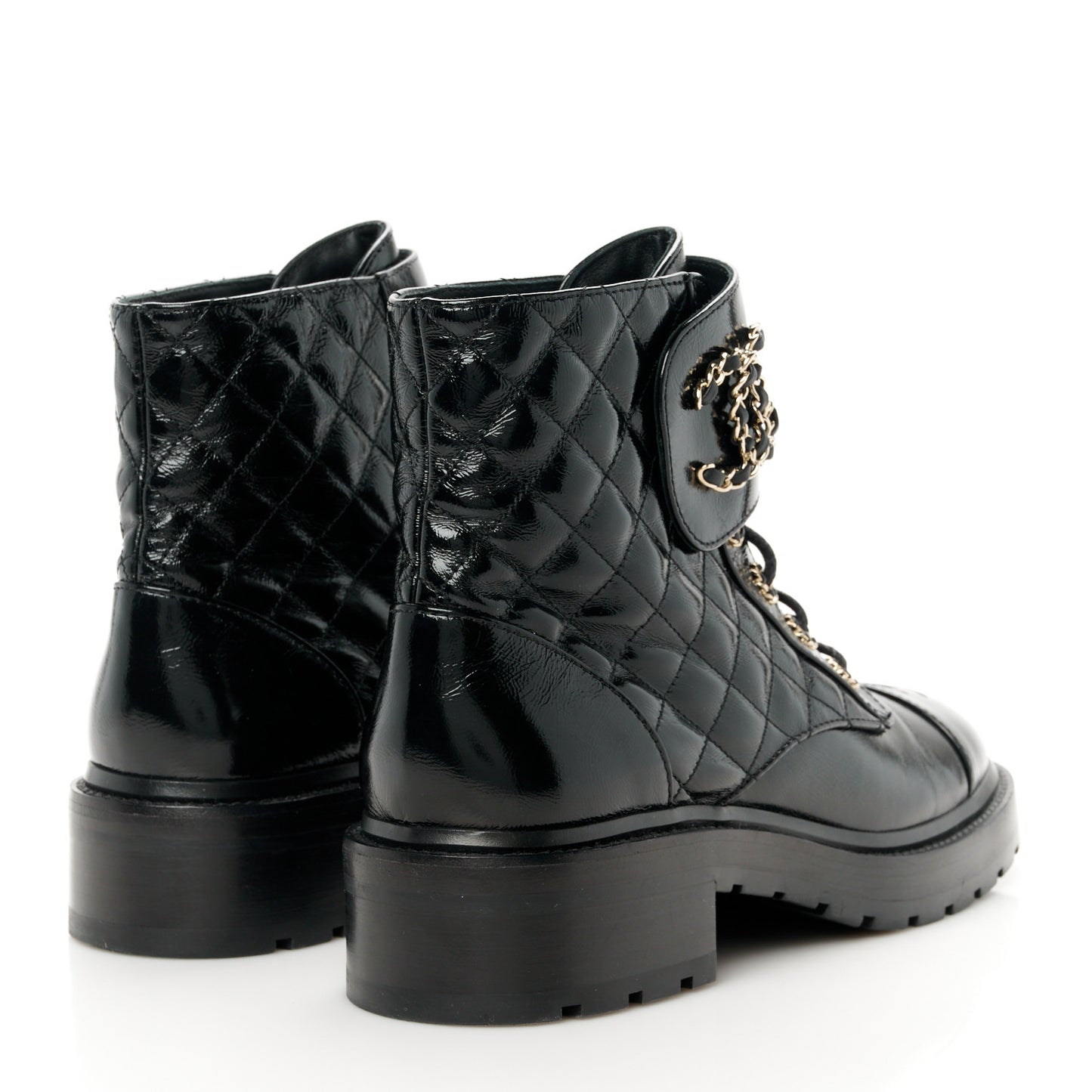 Shiny Lambskin Quilted Lace Up Combat Boots 40 Black