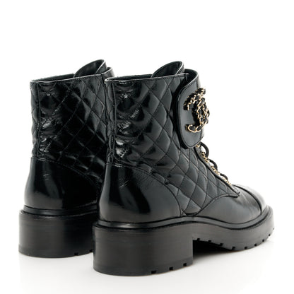 Chanel Shiny Lambskin Quilted Lace Up Combat Boots 40 Black 4 of 10