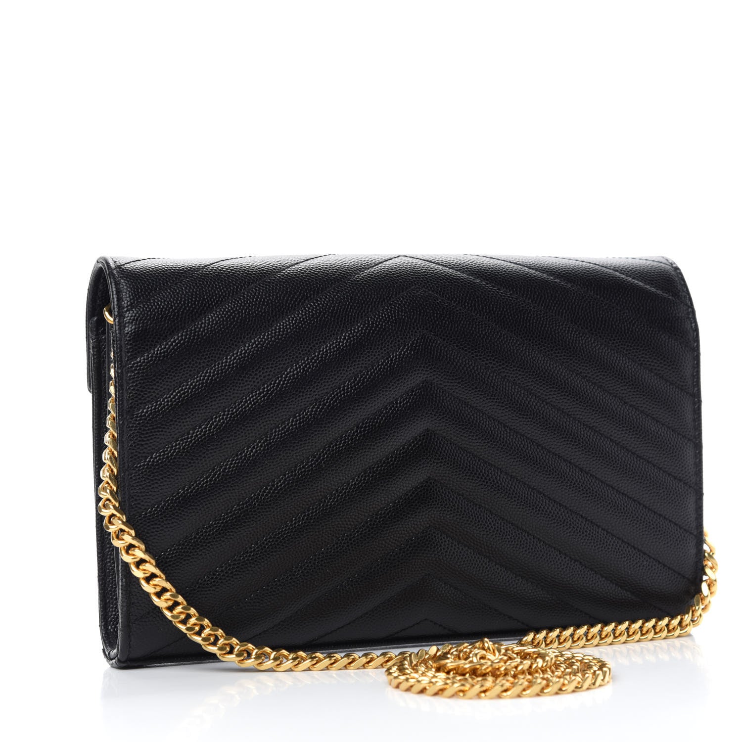 Saint Laurent Grain De Poudre Matelasse Chevron Monogram Chain Wallet Black 3 of 11