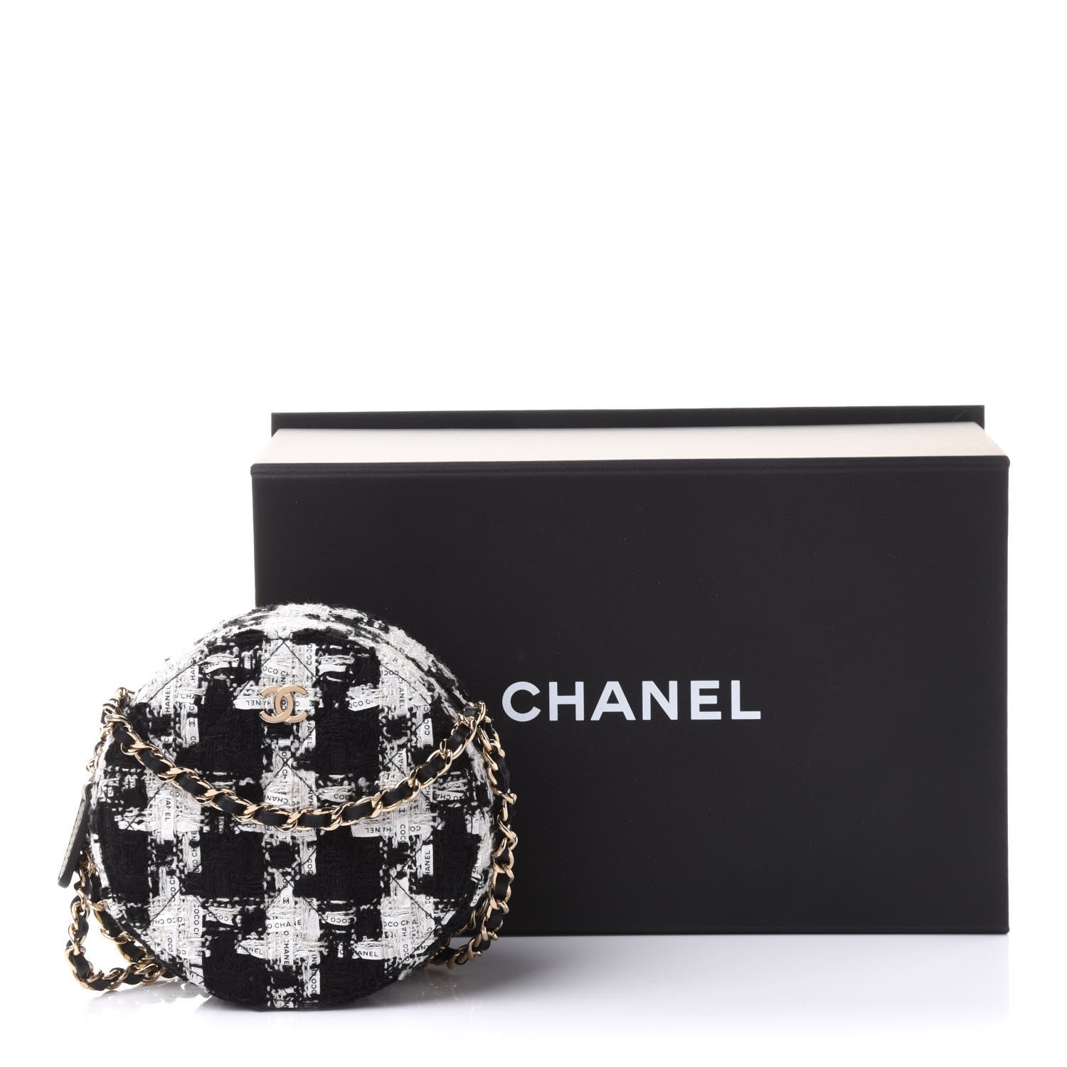 Chanel Tweed Quilted Round Clutch With Chain Black Ecru White 10 of 10
