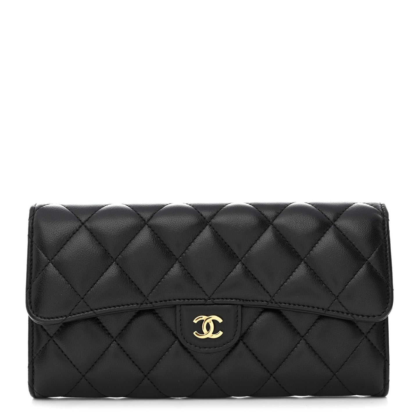 Lambskin Quilted Large Gusset Flap Wallet Black