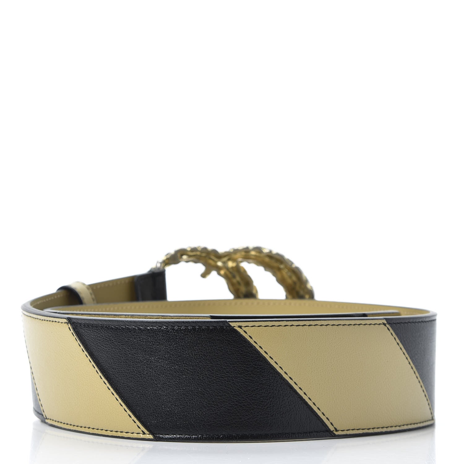 Gucci Calfskin Striped Textured Double G 50mm Belt 85 34 Black Beige 2 of 3