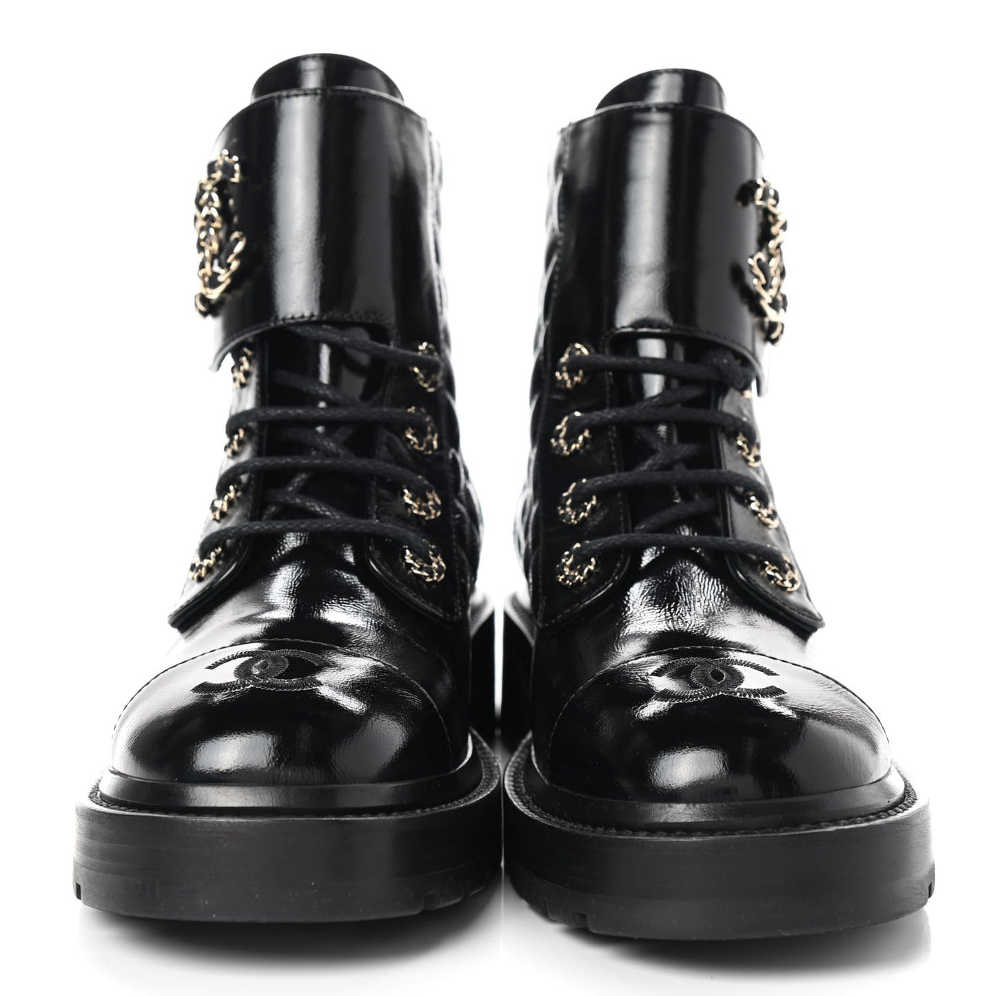 Shiny Calfskin Quilted Lace Up Combat Boots 37.5 Black