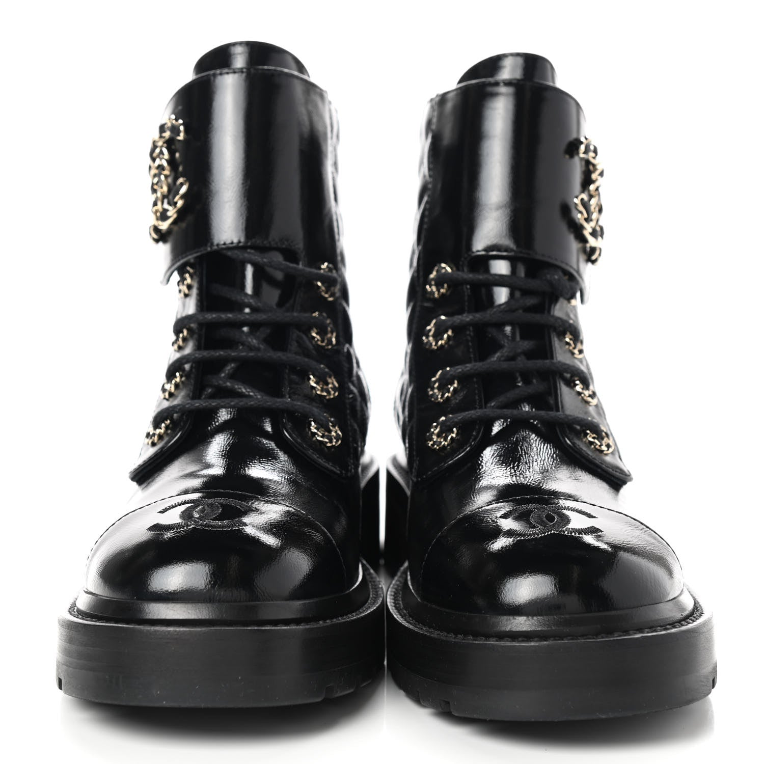 Chanel Shiny Calfskin Quilted Lace Up Combat Boots 37.5 Black 2 of 9