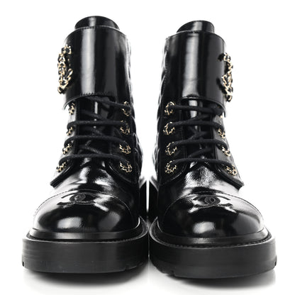 Chanel Shiny Calfskin Quilted Lace Up Combat Boots 37.5 Black 2 of 9