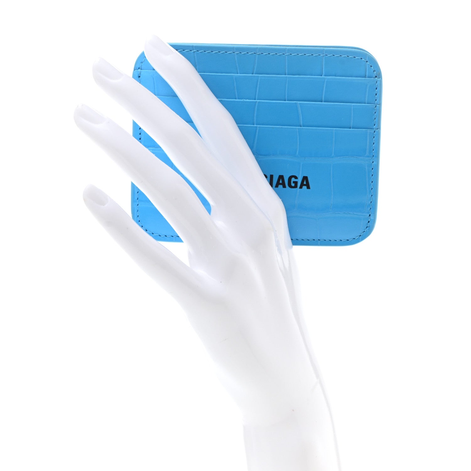 Balenciaga Calfskin Logo Crocodile Embossed Cash Rounded Card Holder Cyan Black 2 of 8