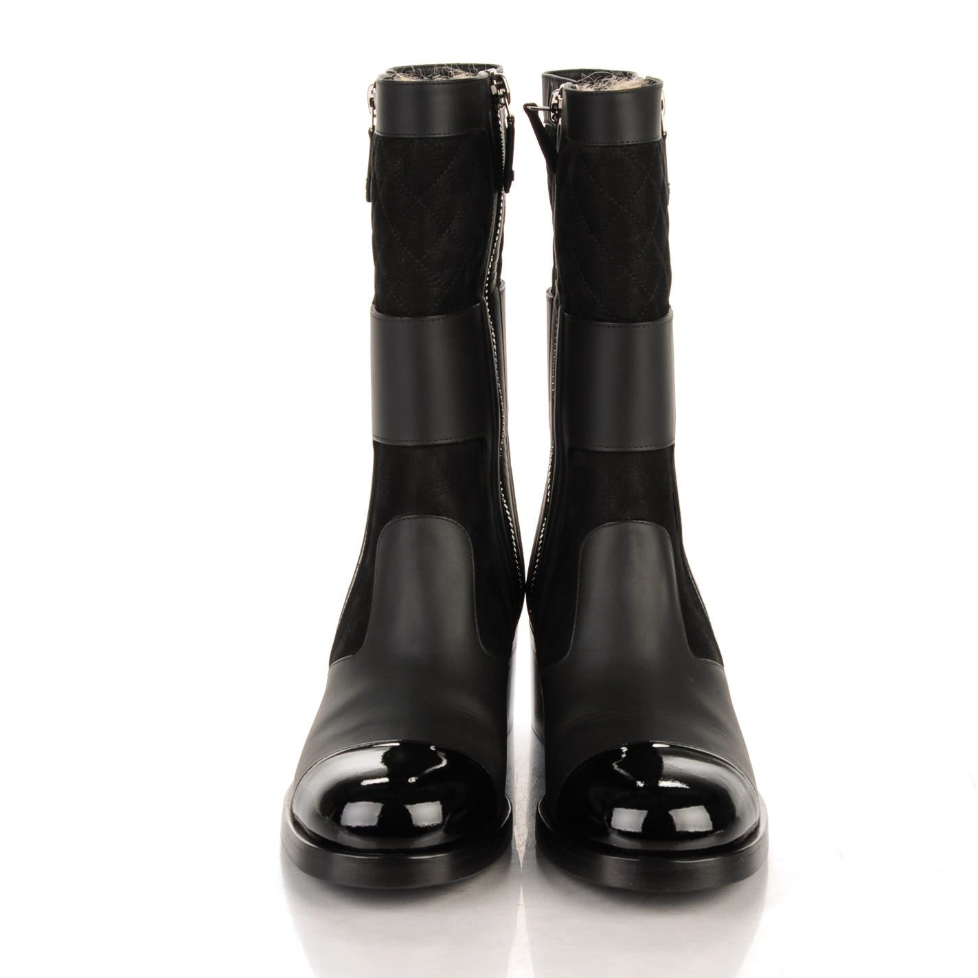 Calfskin Quilted Patent Cap Toe Boots 41.5 Black