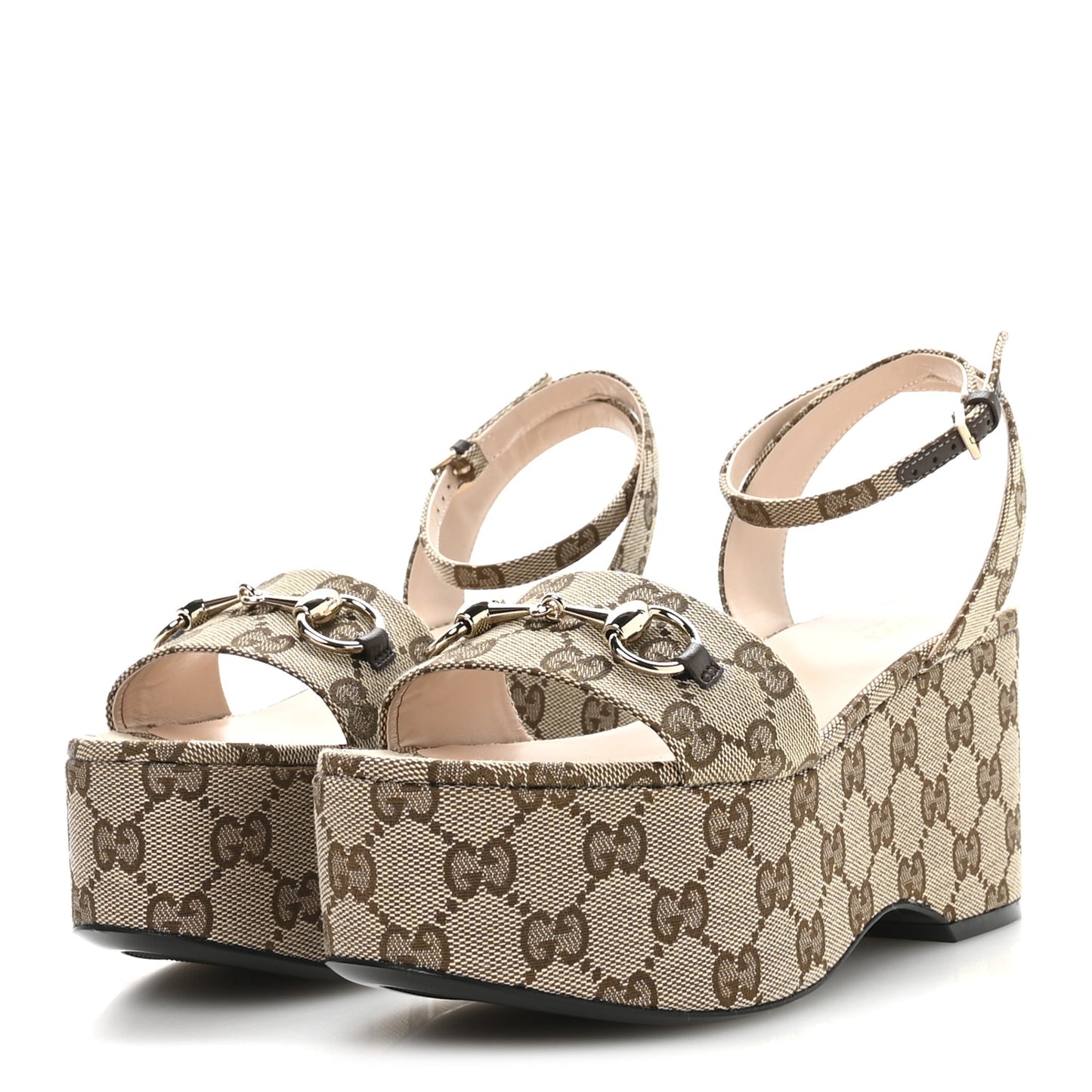 Monogram Nappa Chalotte Horsebit Ankle Strap 75mm Flatform Sandals 37.5 Beige Ebony