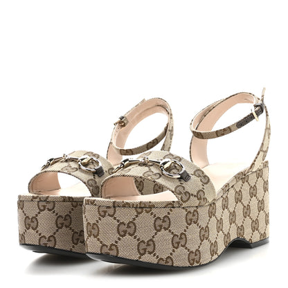 Gucci Monogram Nappa Chalotte Horsebit Ankle Strap 75mm Flatform Sandals 37.5 Beige Ebony 4 of 8