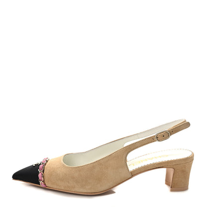 Chanel Suede Grosgrain Cap Toe CC Chain Slingback Pumps 37 Beige Black Pink 1 of 9