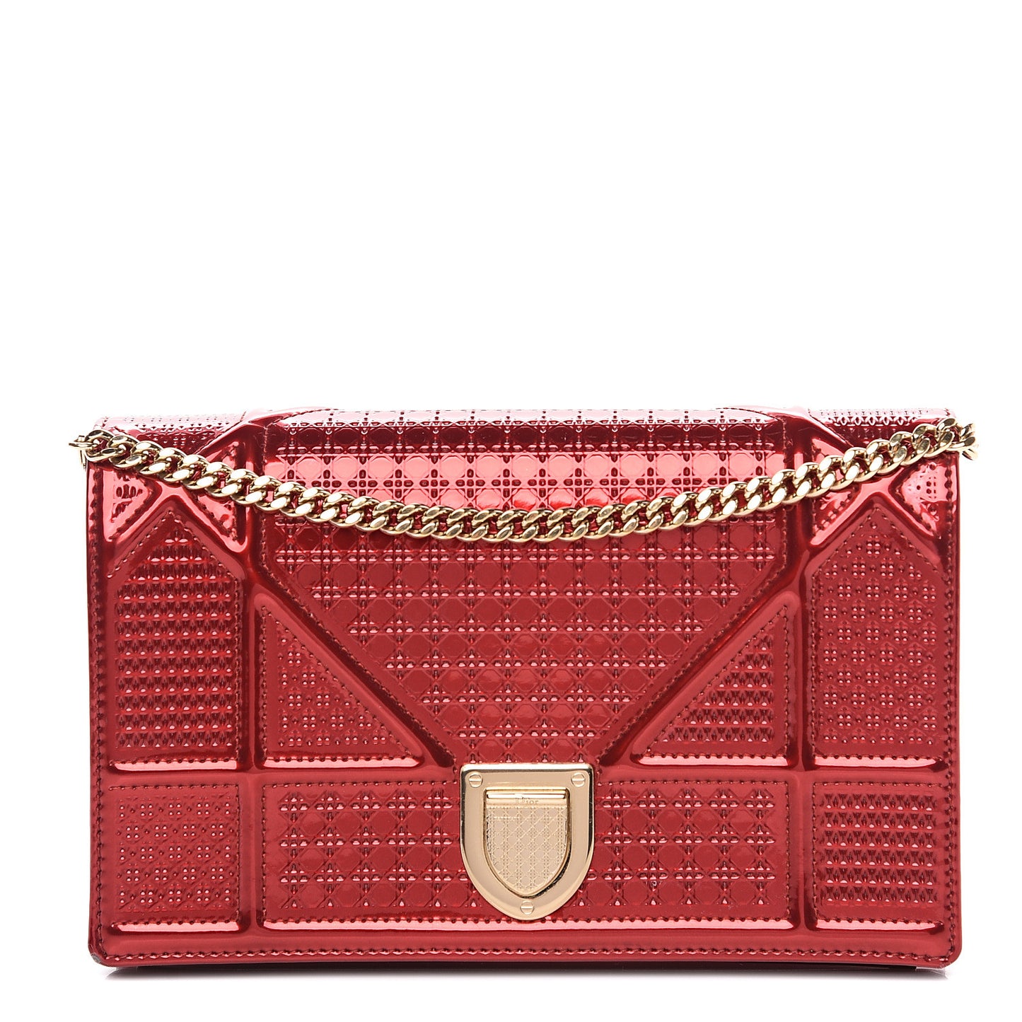 Metallic Patent Micro-Cannage Diorama Wallet on Chain Pouch Red