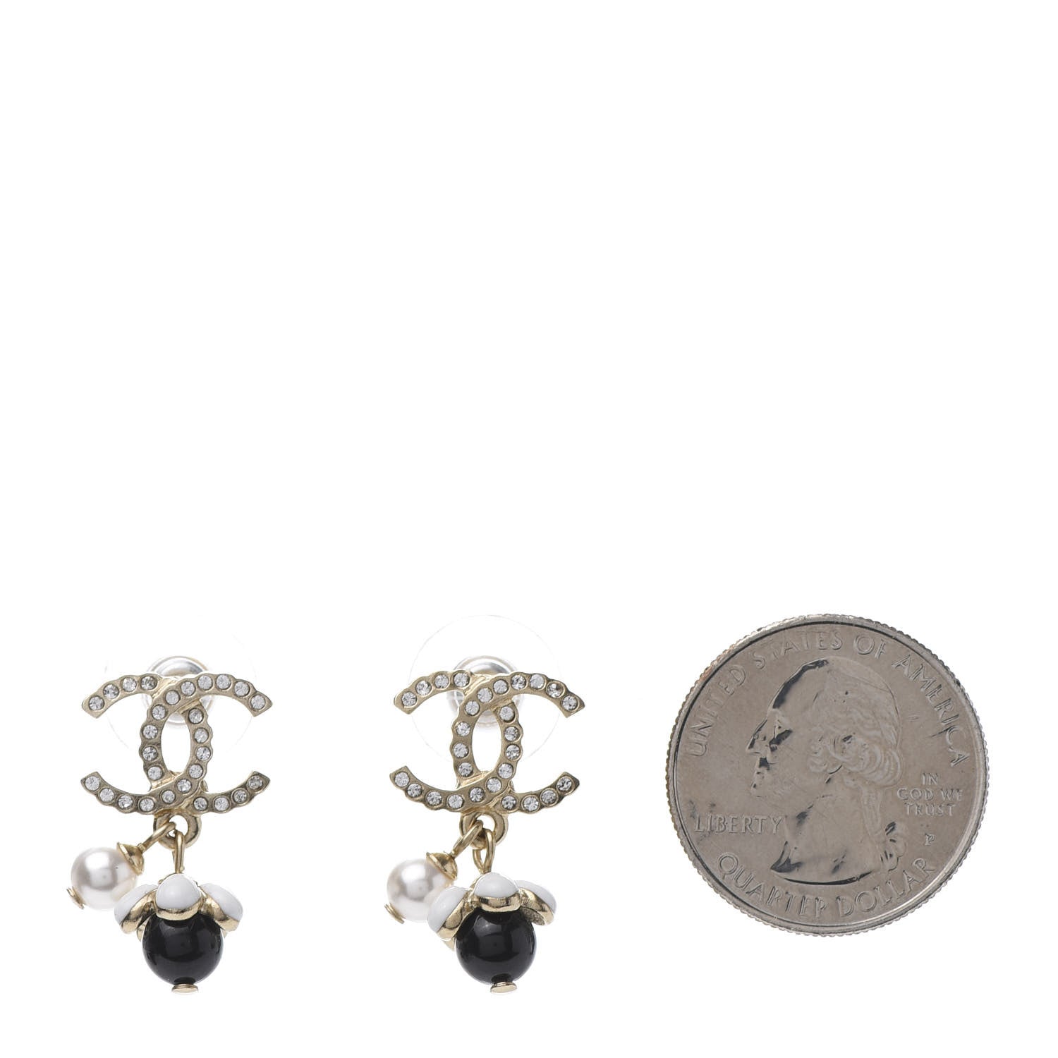 Chanel Crystal Bead Pearl CC Drop Earrings Gold White Black 2 of 5