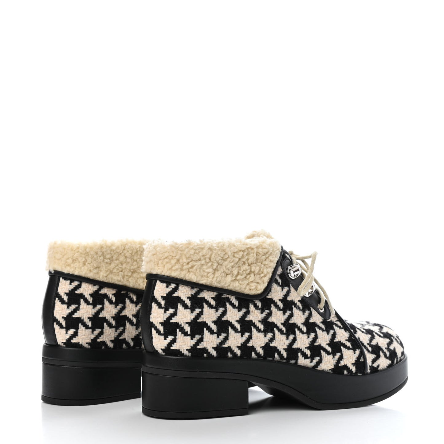 Optical Tweed Faux Shearling Houndstooth Victor Lace Up Ankle Boots 36 White Black
