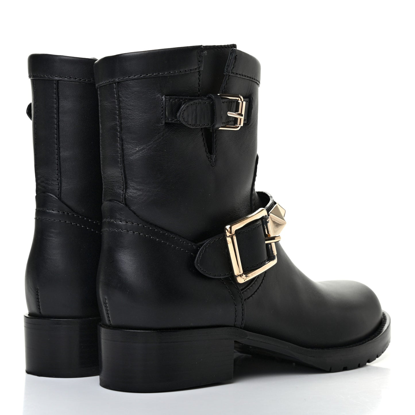 Calfskin Lock Studded 30mm Biker Boots 35.5 Black