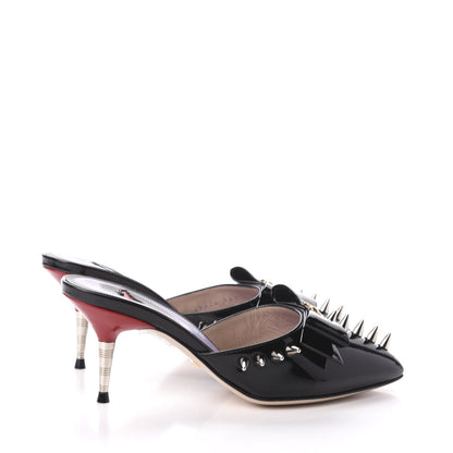 Gucci Patent GG Bow Sadie Spike Mid Heel Mules 34.5 Black 4 of 8