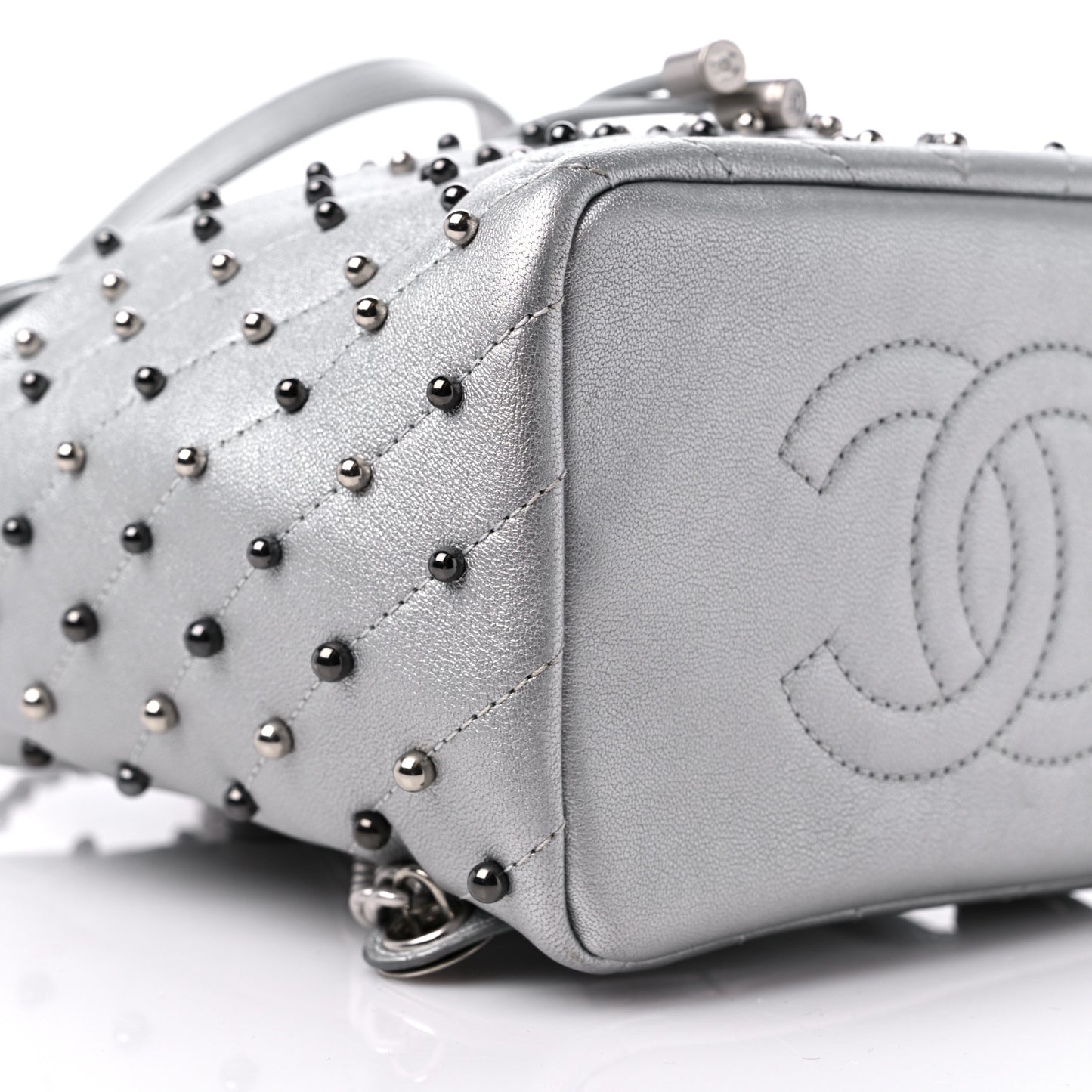 Metallic Lambskin Chevron Quilted Studded Stud Wars Backpack Silver