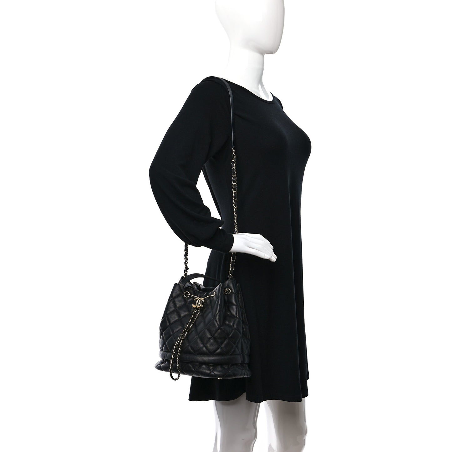 Caviar Quilted Large Rolled Up Bucket Drawstring Bag Black