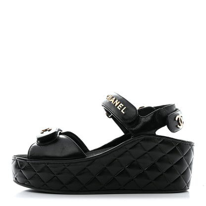 Chanel Shiny Calfskin Logo Platform Sandals 37 Black 1 of 9