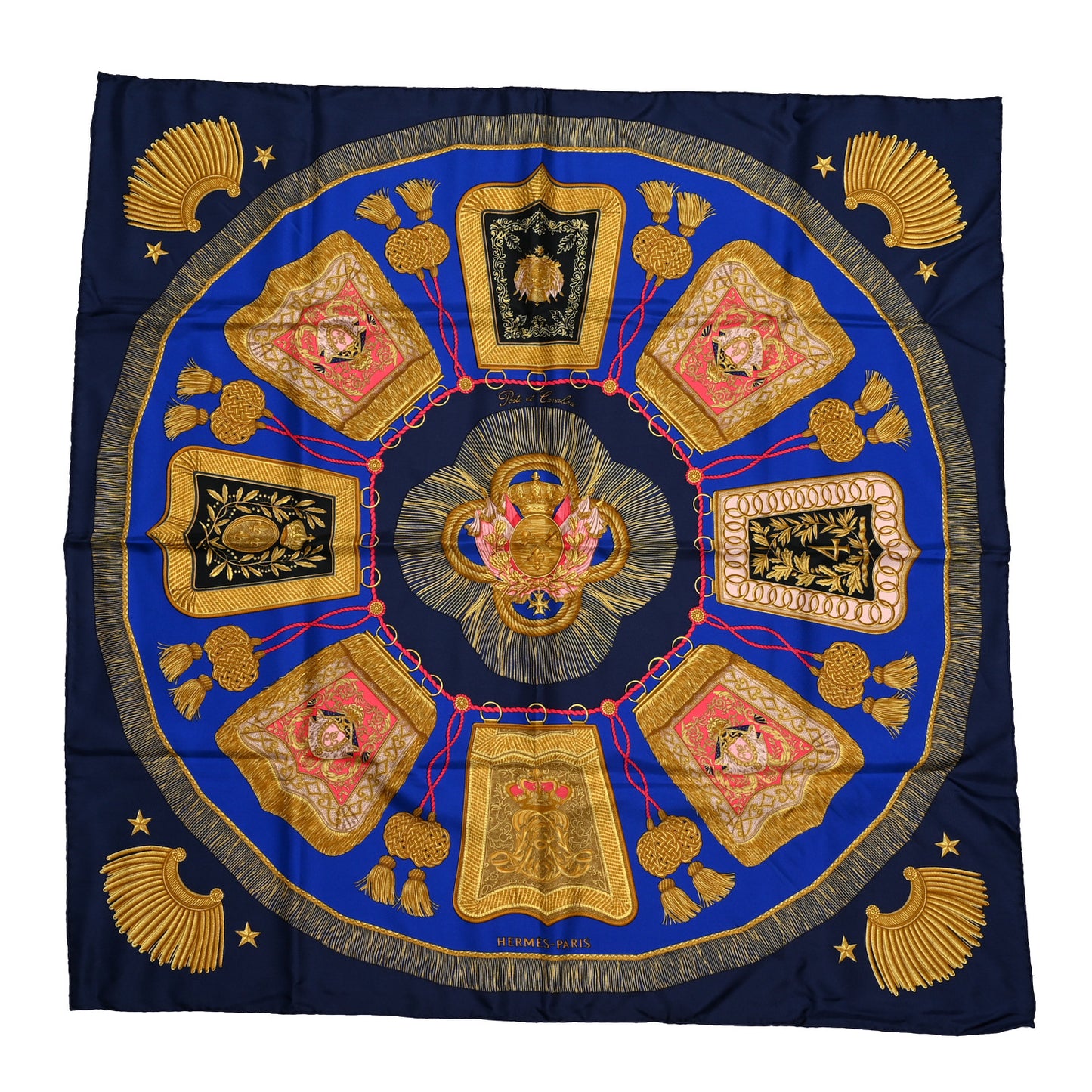 Silk Poste et Cavalerie Scarf 90 Black Marine Jaune