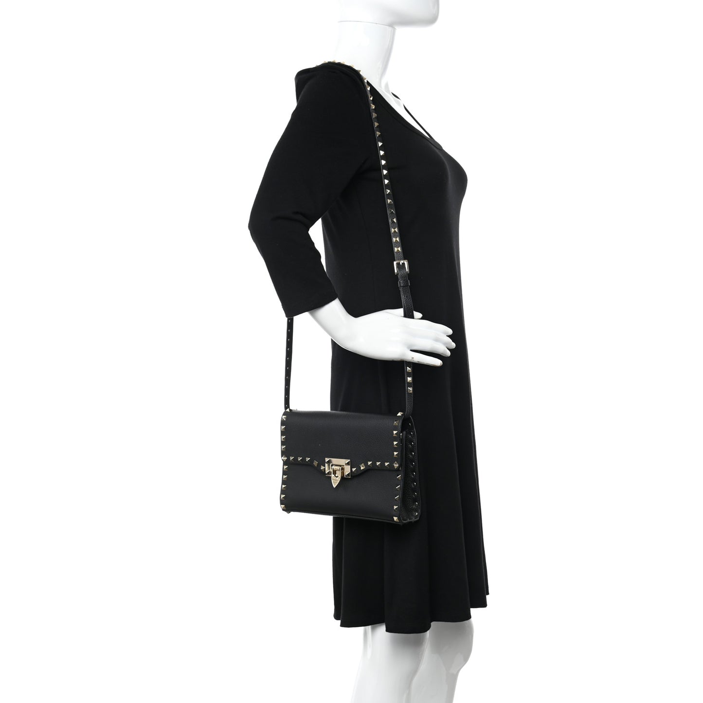 Pebbled Calfskin Medium Rockstud Flip Lock Crossbody Bag Black