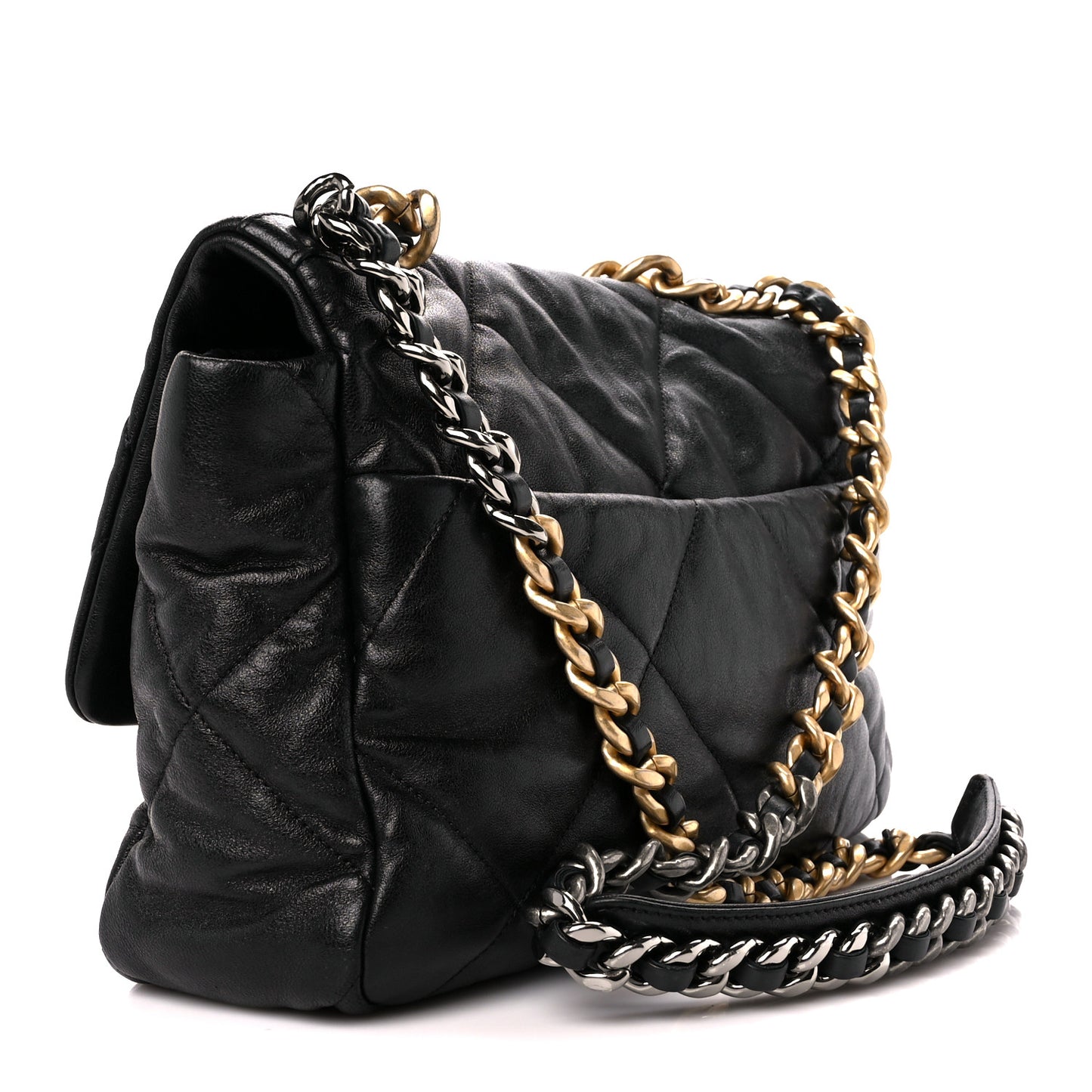 Shiny Goatskin Quilted Large Chanel 19 Flap Black