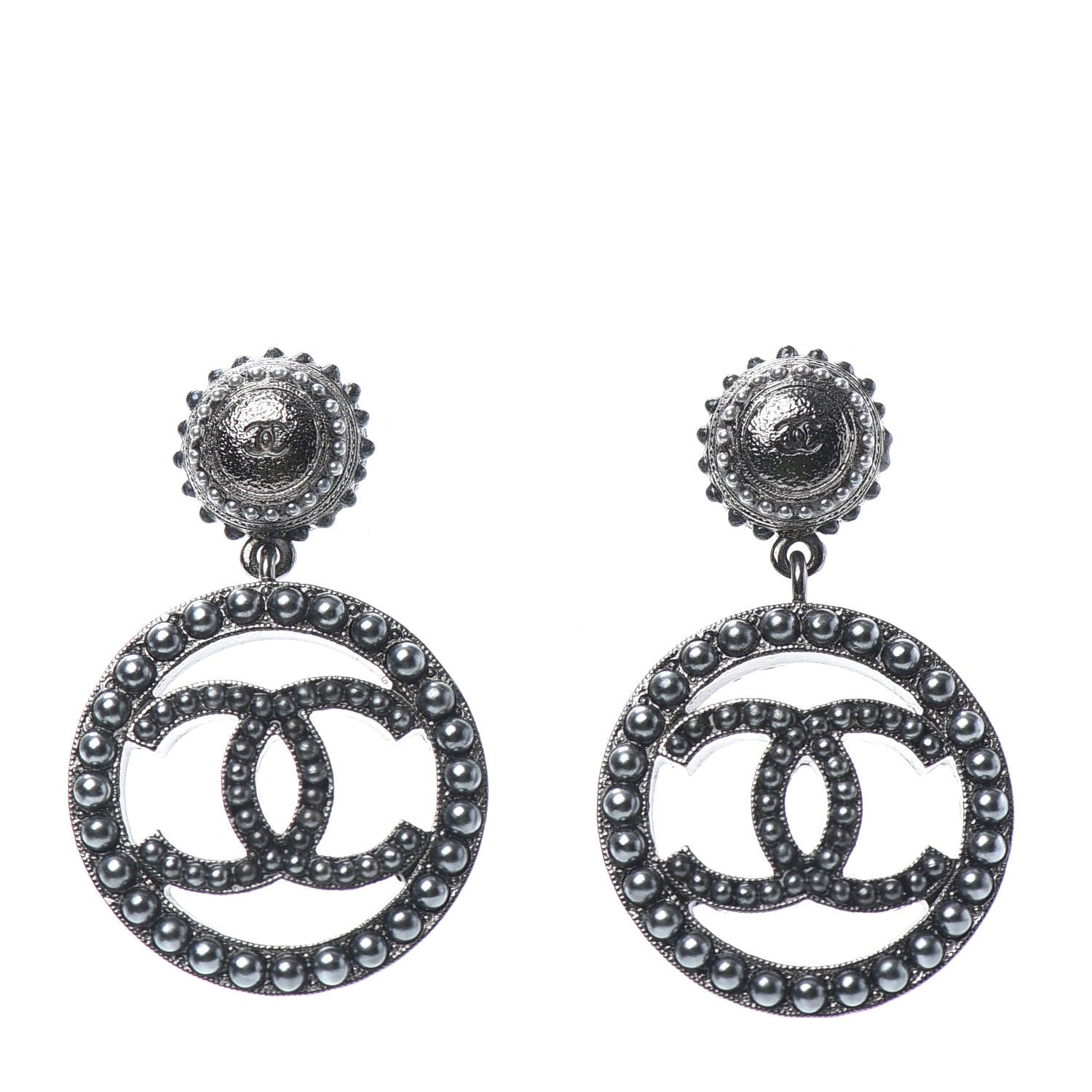 Chanel Ruthenium Beaded CC Drop Earrings Dark Grey 1 of 4