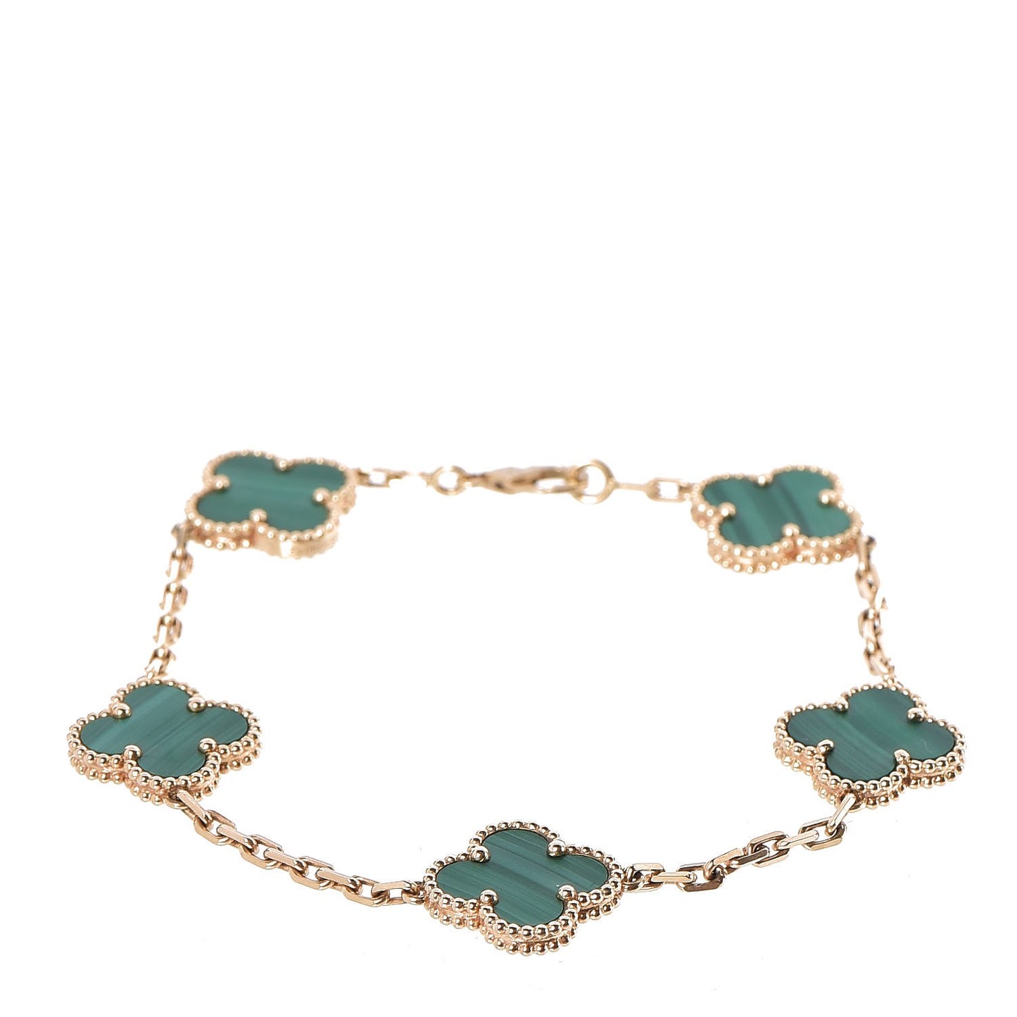 18K Yellow Gold Malachite 5 Motifs Vintage Alhambra Bracelet
