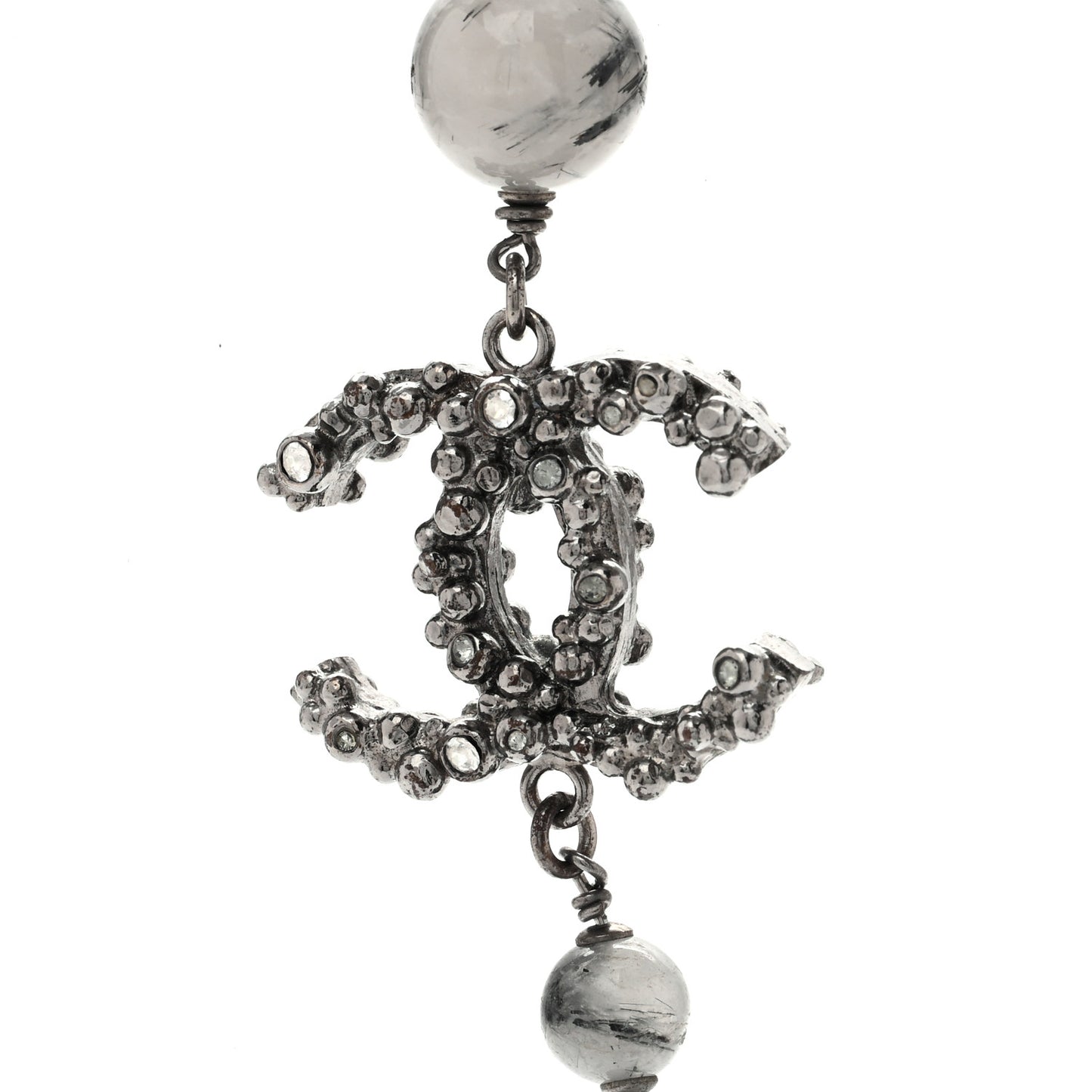 Crystal Bead CC Long Necklace Silver Black