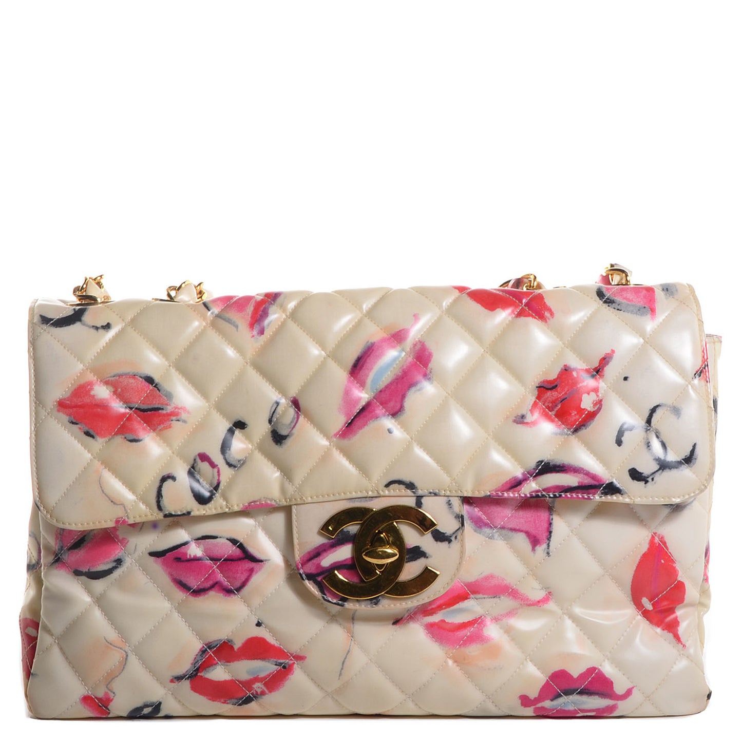 Coated Canvas Quilted Lips and Kisses Graffiti XL Jumbo Single Flap White