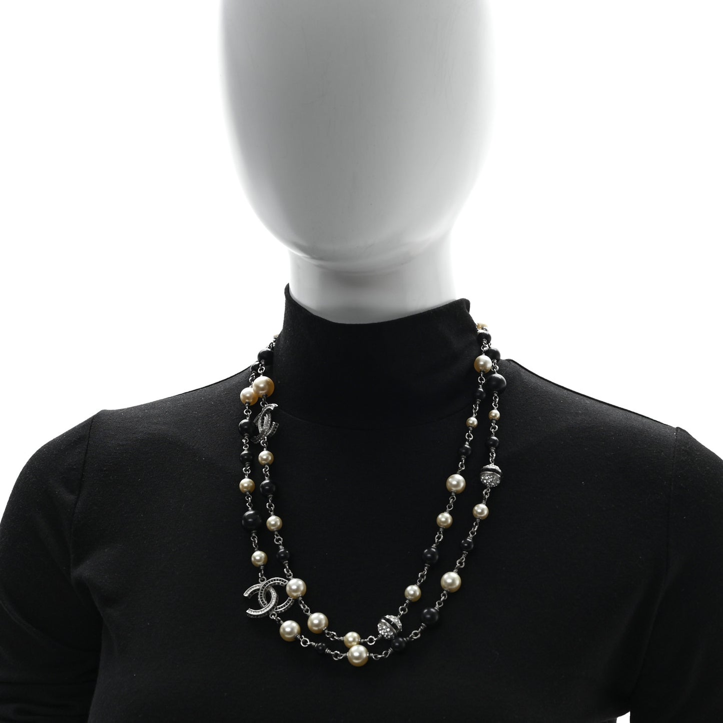 Metal Pearl Crystal Bead CC Long Necklace Silver Black