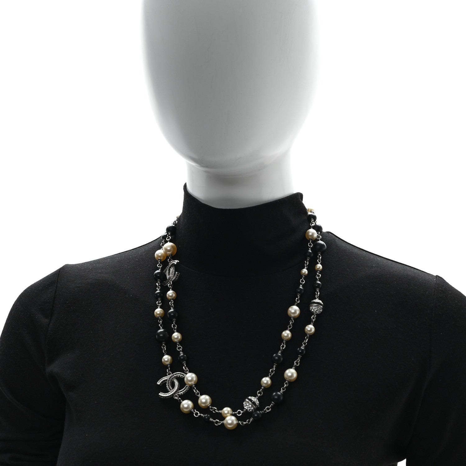 Chanel Metal Pearl Crystal Bead CC Long Necklace Silver Black 2 of 5