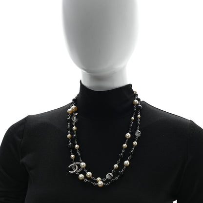 Chanel Metal Pearl Crystal Bead CC Long Necklace Silver Black 2 of 5