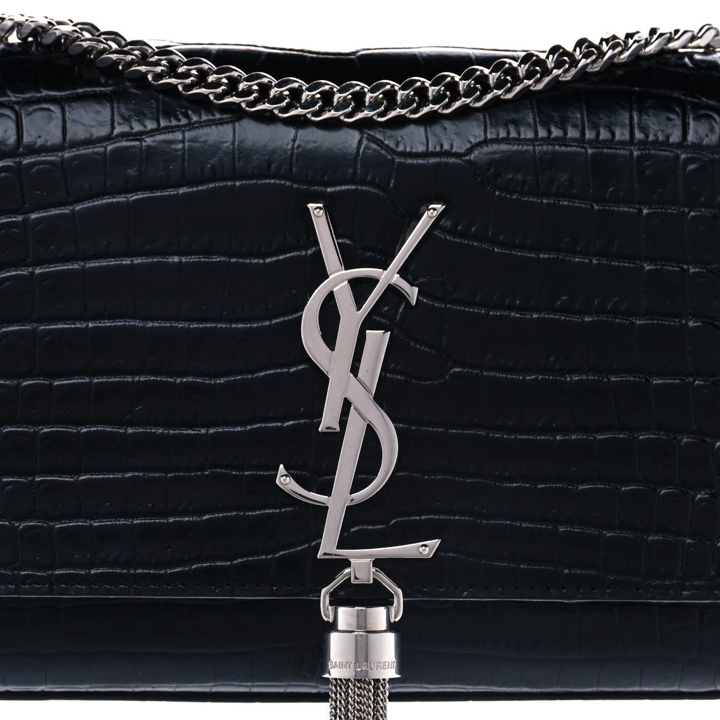 Calfskin Crocodile Embossed Small Classic Monogram Kate Tassel Satchel Black