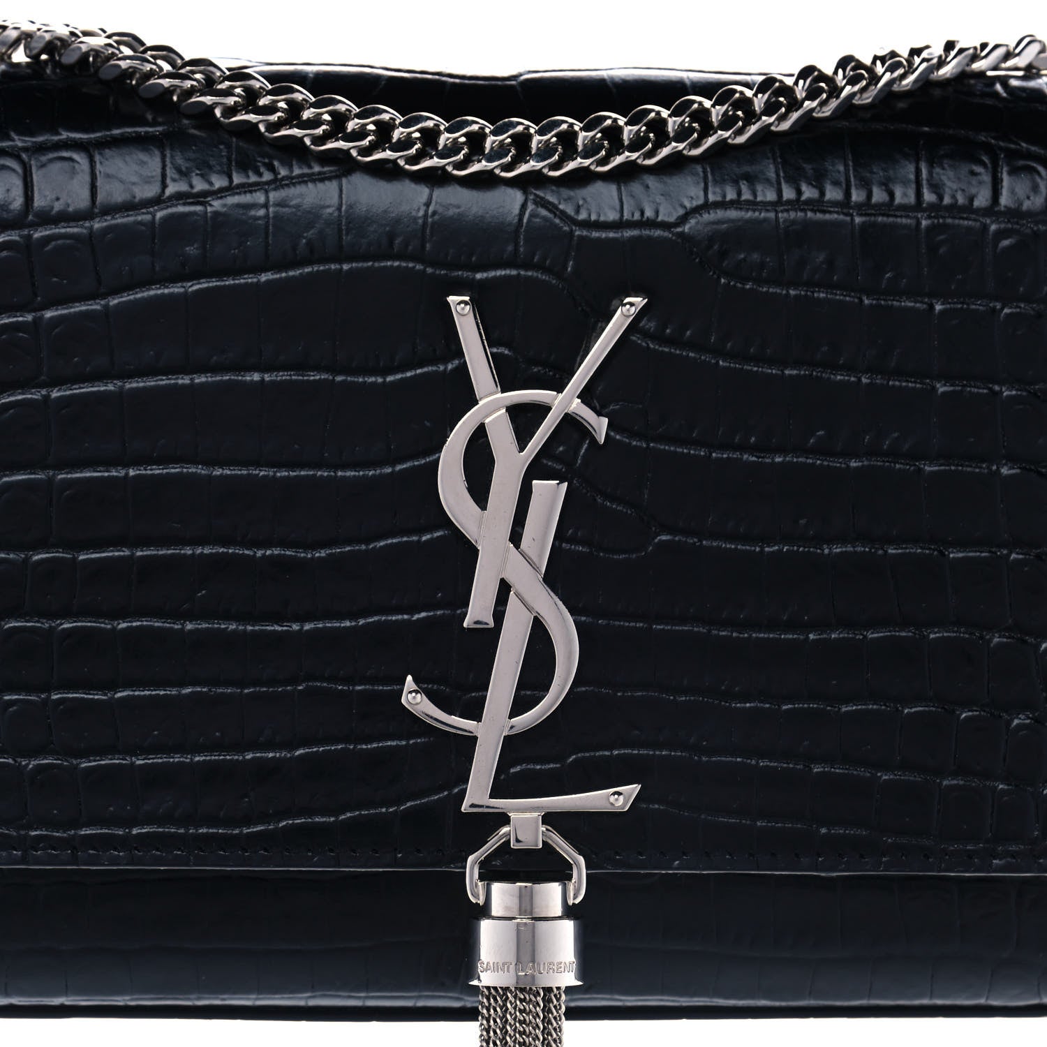 Saint Laurent Calfskin Crocodile Embossed Small Classic Monogram Kate Tassel Satchel Black 9 of 11