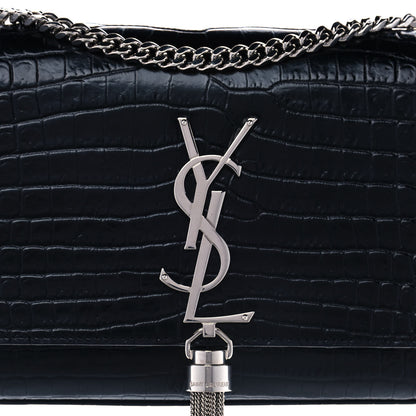 Saint Laurent Calfskin Crocodile Embossed Small Classic Monogram Kate Tassel Satchel Black 9 of 11