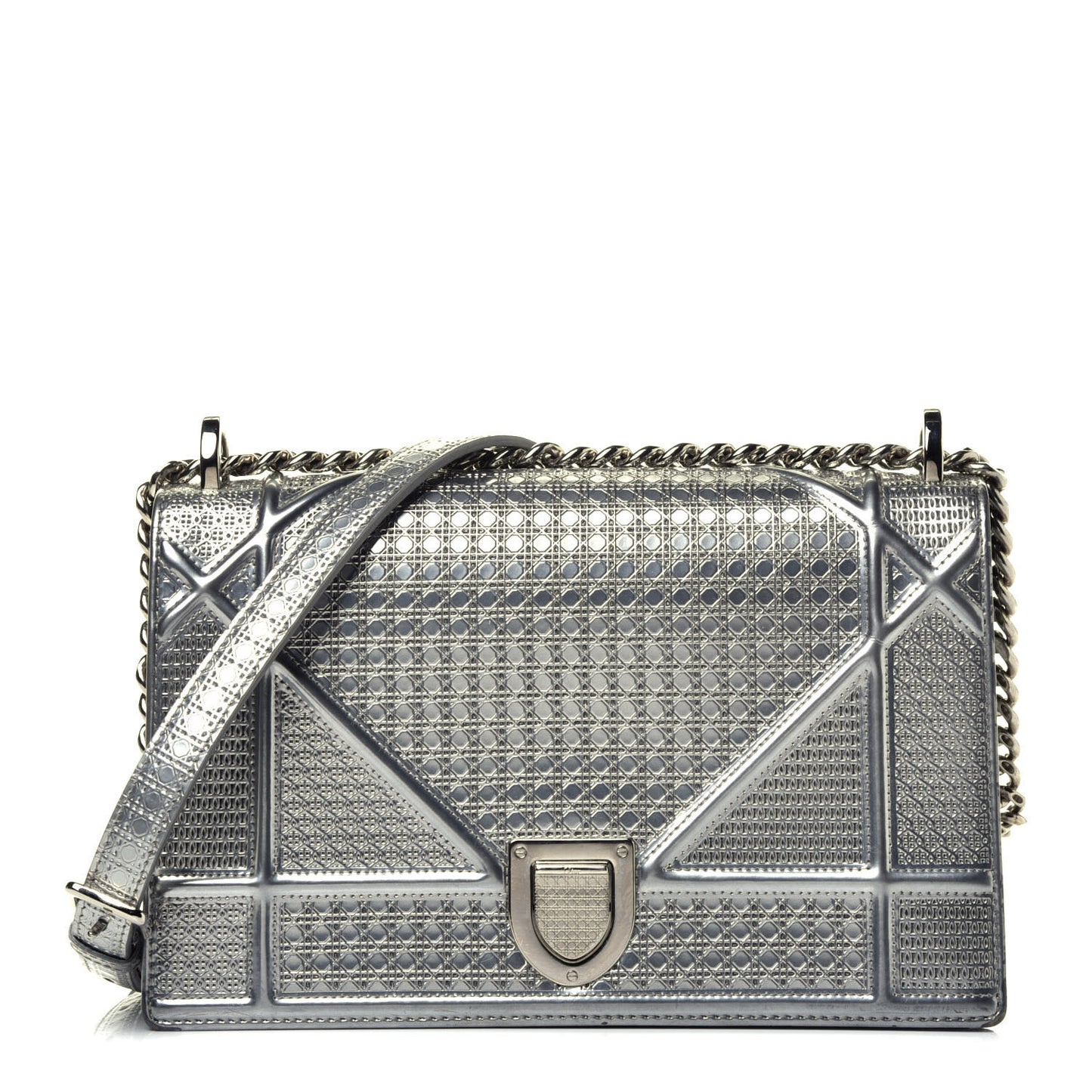 Metallic Patent Micro-Cannage Medium Diorama Flap Bag Silver