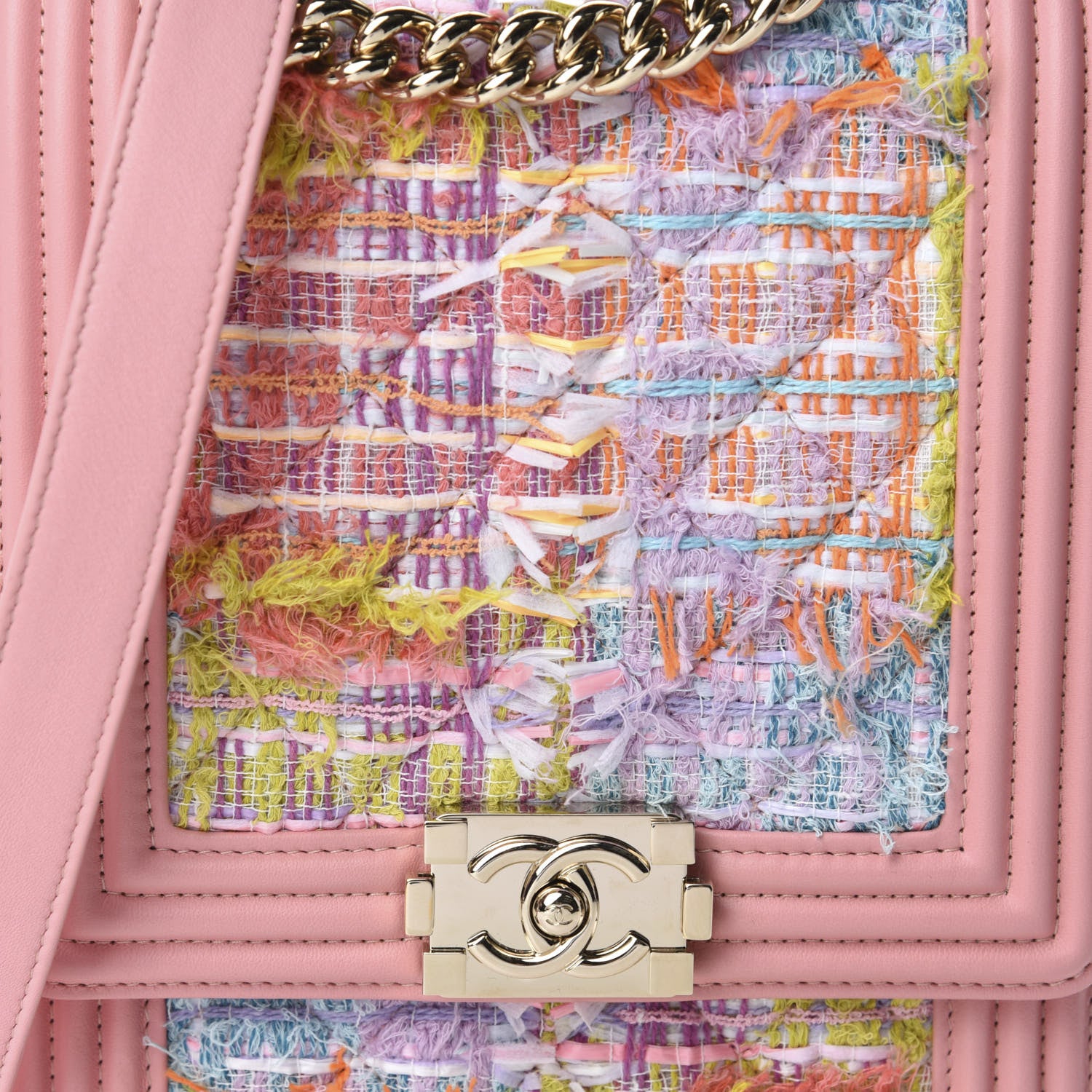 Chanel Calfskin Tweed Quilted North South Boy Flap Pink 10 of 10