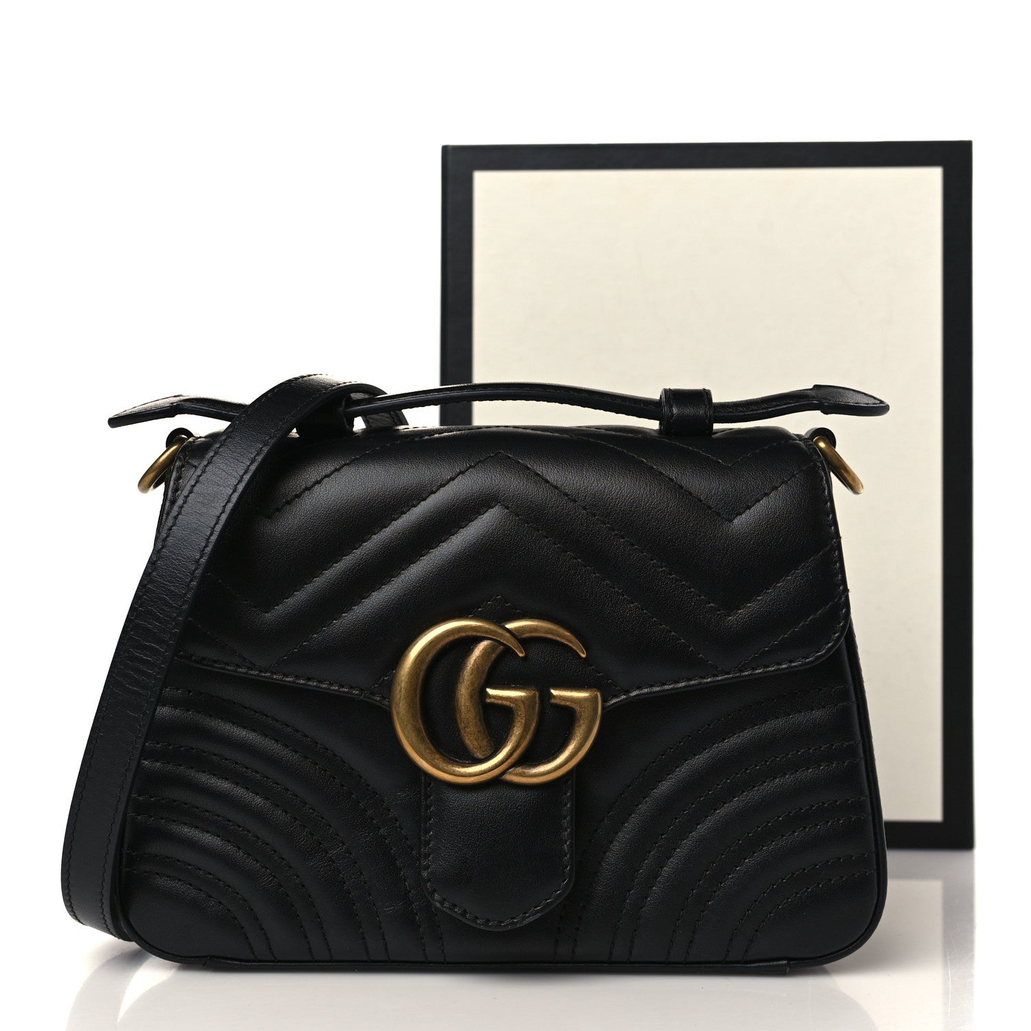 Gucci Calfskin Matelasse Mini GG Marmont Top Handle Shoulder Bag Black 10 of 10