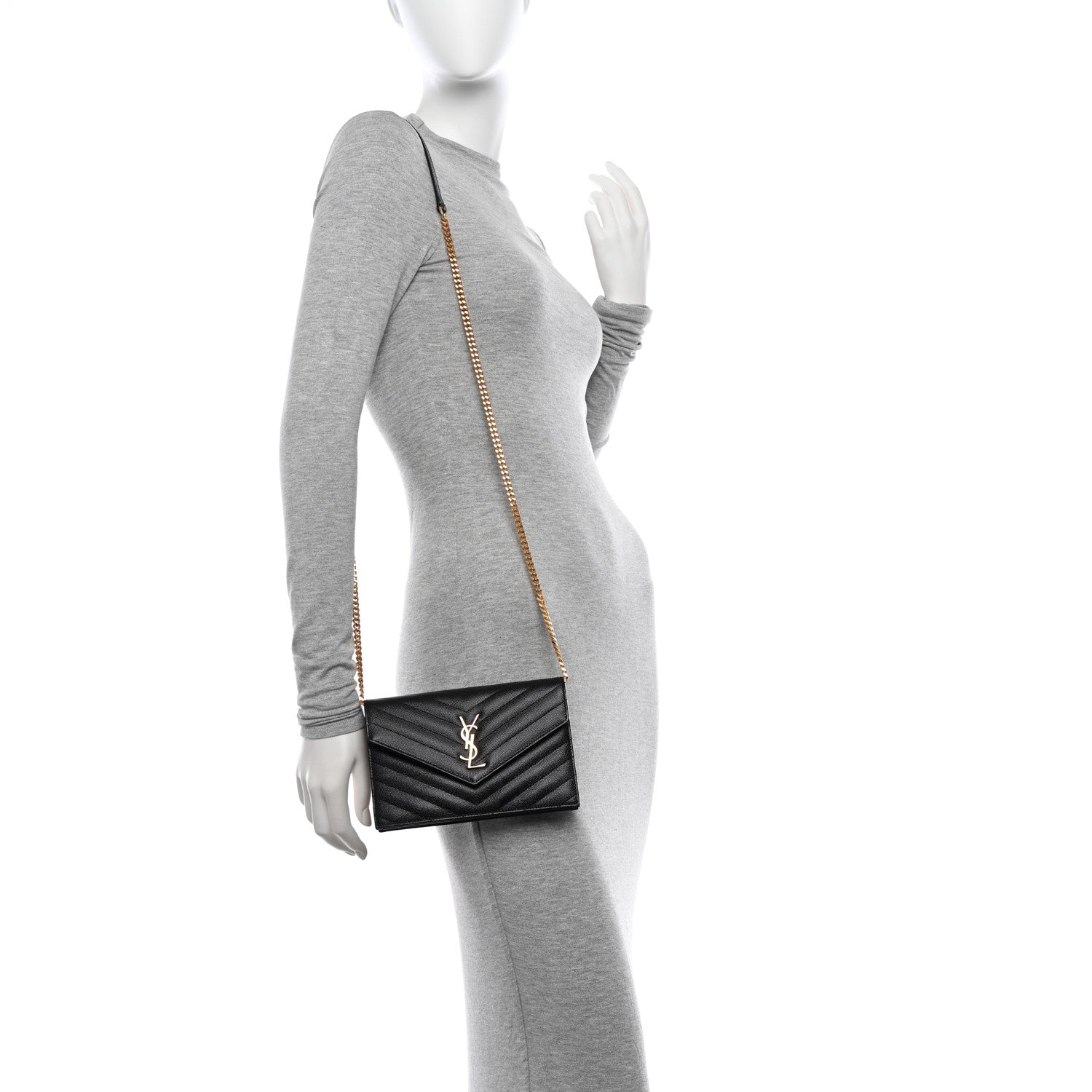Saint Laurent Grain De Poudre Matelasse Chevron Monogram Envelope Chain Wallet Black 2 of 11