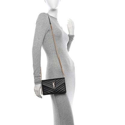Saint Laurent Grain De Poudre Matelasse Chevron Monogram Envelope Chain Wallet Black 2 of 11