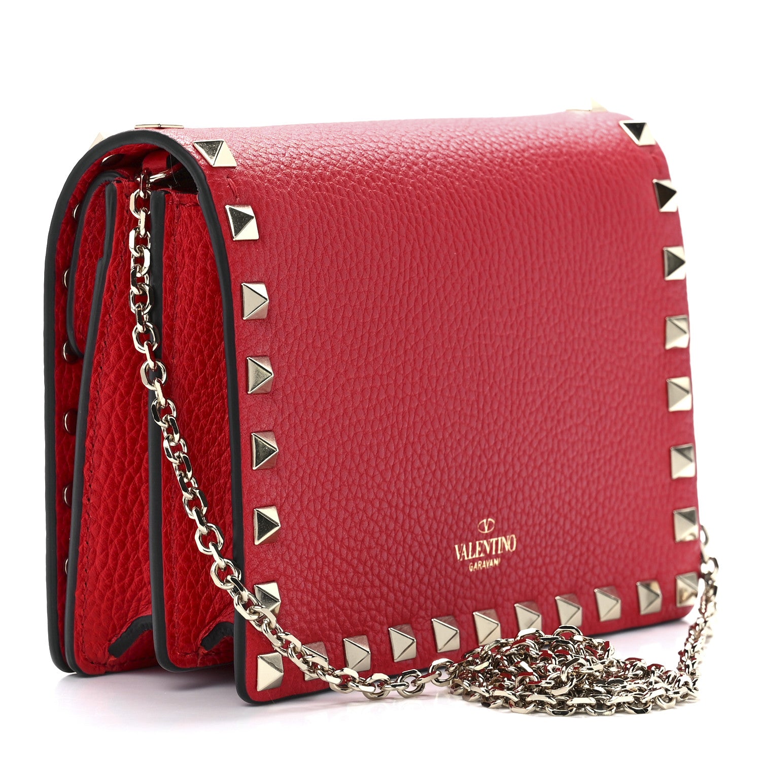 Valentino Garavani Pebbled Calfskin Rockstud Wallet on Chain Rouge Pur 3 of 11