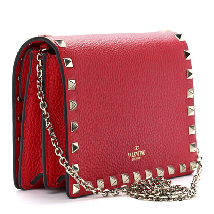 Valentino Garavani Pebbled Calfskin Rockstud Wallet on Chain Rouge Pur 3 of 11