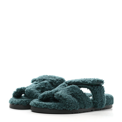 Hermes Woolskin Womens Chypre Sandals 37 Vert Anglais 4 of 8
