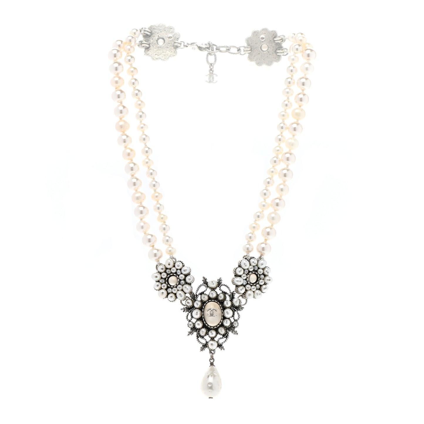Crystal Pearl CC Leaf Necklace Silver